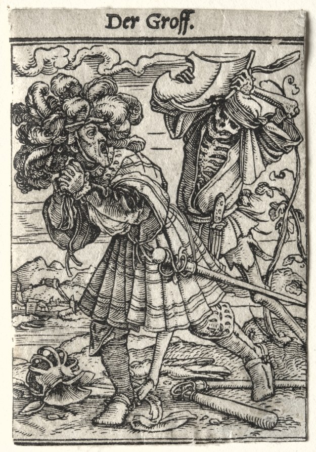 A skeletal Death figure with an elaborate feathered headdress dances with a nobleman in ornate Renaissance costume, his arms raised in formal dancing posture.