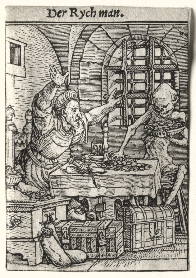 Late medieval engraving showing a richly dressed man with raised arms in a stone-vaulted chamber, contrasted with a seated miser counting coins.