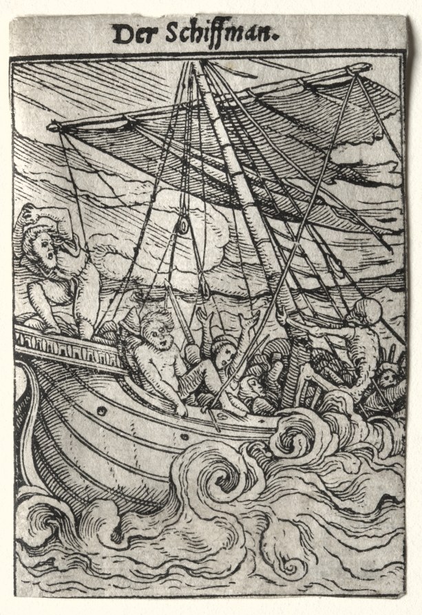German woodcut showing crowded deck of sinking ship with sailors and cherubs tumbling in chaos amid rigging and stormy seas