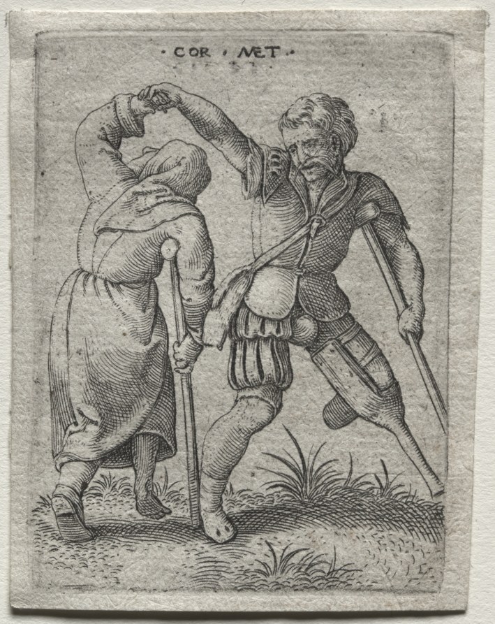 Two Renaissance-era male figures in exaggerated postures: one bent forward on a staff, the other gesturing toward him with raised arm and sword.