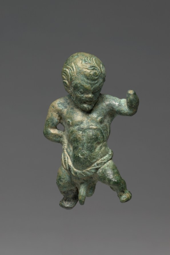 Small bronze figure of a child or cherub dancing with raised arms and weight shifted forward, verdigris patina.