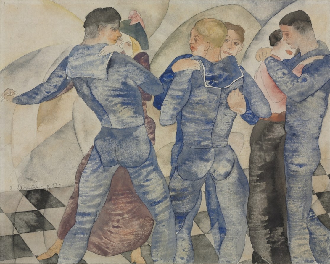 Five male sailors in blue-grey athletic wear, interlocked in poses suggesting movement or exertion, signed Clausen 1912.
