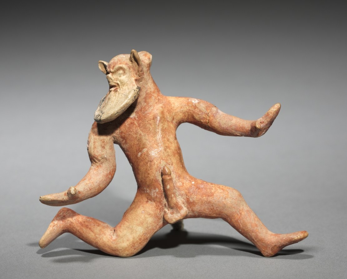 Terracotta sculpture of a bearded satyr in mid-leap, arms raised asymmetrically, muscular torso twisted in motion.