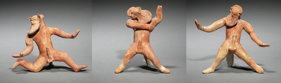 Three terracotta satyr figurines in dynamic poses with raised arms and wide stances, rendered in warm brown clay.