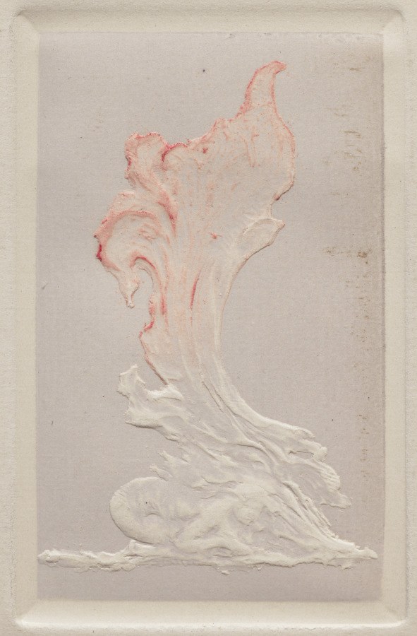 Relief plaque of a kneeling female dancer arching backward, wrapped in flowing white drapery, rendered in pink and cream tones.