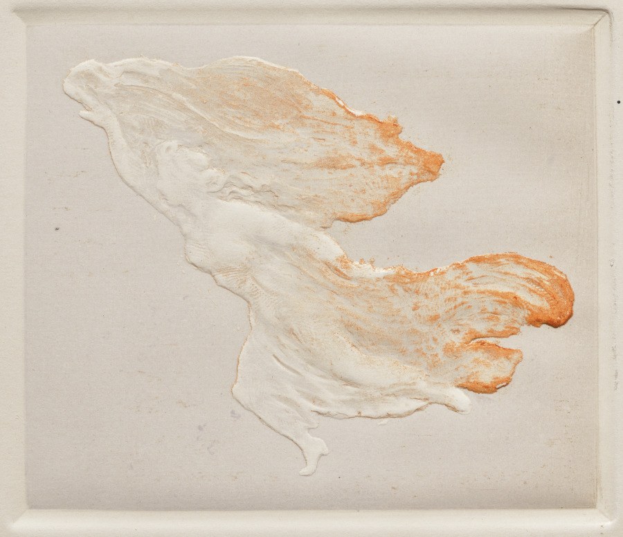 Two barefoot female dancers in classical dress, rendered in white and ochre relief, one extended horizontally and one compressed below, both suspended in