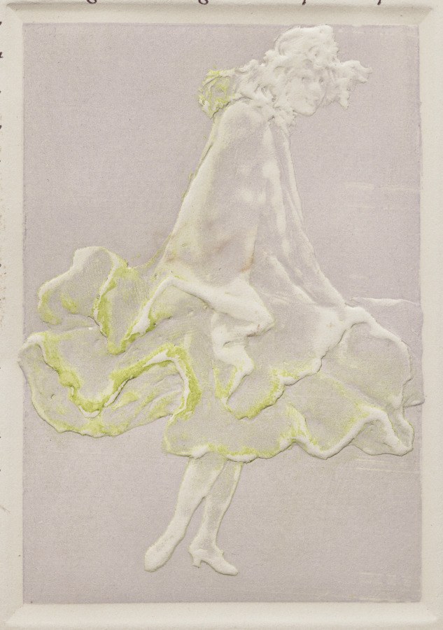 A woman dancer mid-spin, tilted forward on one leg with her billowing skirt caught in motion, rendered in pale watercolor.