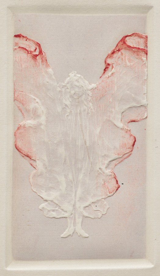 White plaster relief of a female figure with raised, spread arms and classical drapery against a pale ground.