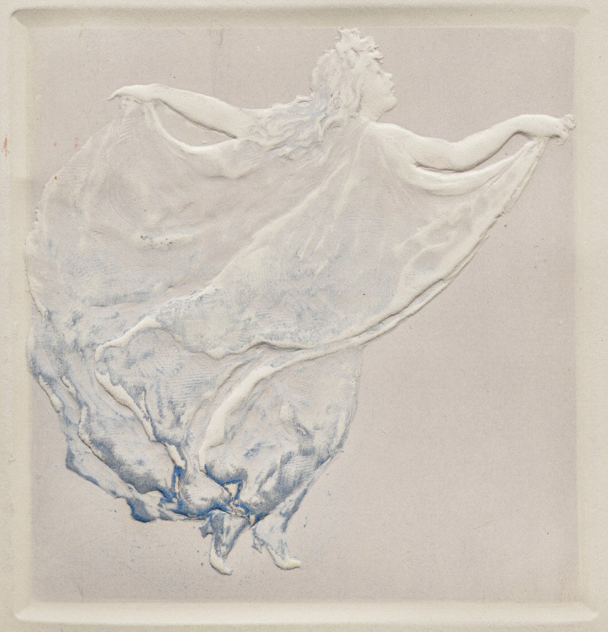Relief sculpture of a woman with arms spread wide, body twisting upward, drapery swirling around her legs, in a pose of exuberant movement.