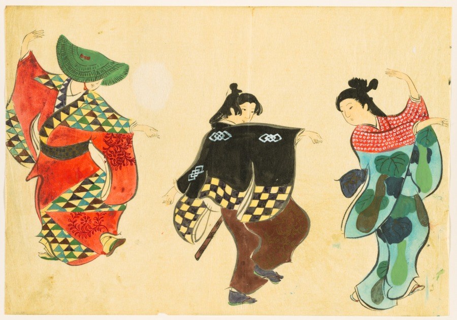 Three dancers in elaborately patterned Japanese robes and headdresses, rendered in colored woodblock print style, pose with raised arms and extended gestures.