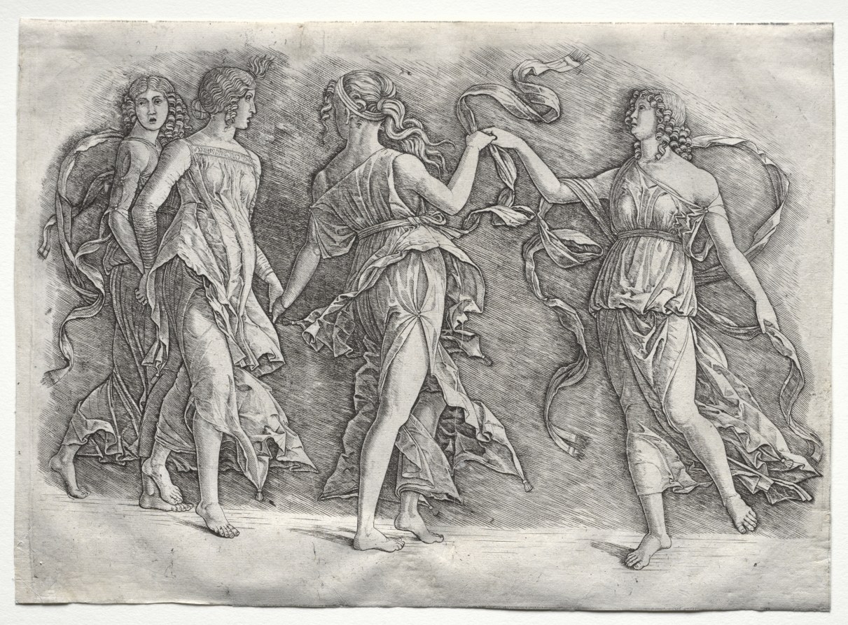 Five robed female figures in varied classical poses, one winged, arranged across an engraved composition with flowing drapery.