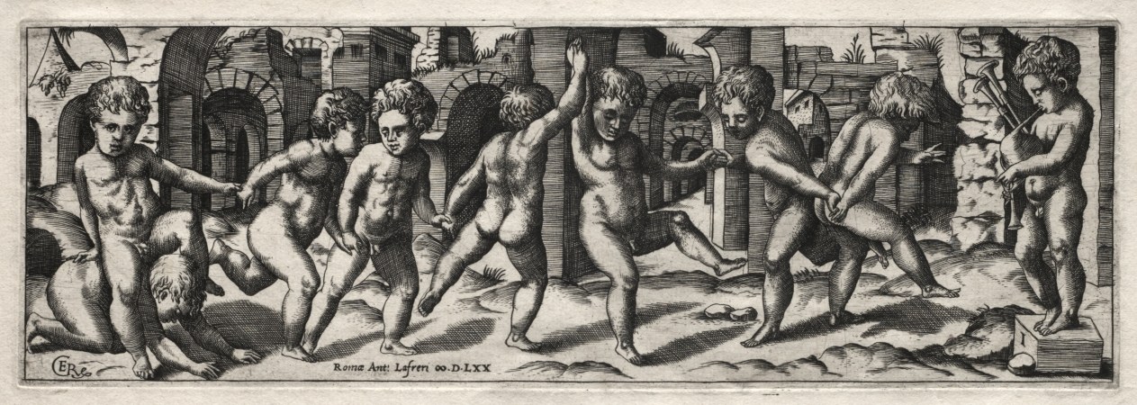 Engraving of a dozen nude children in varied leaping and playing poses within a classical arched interior, with a bagpiper at right.