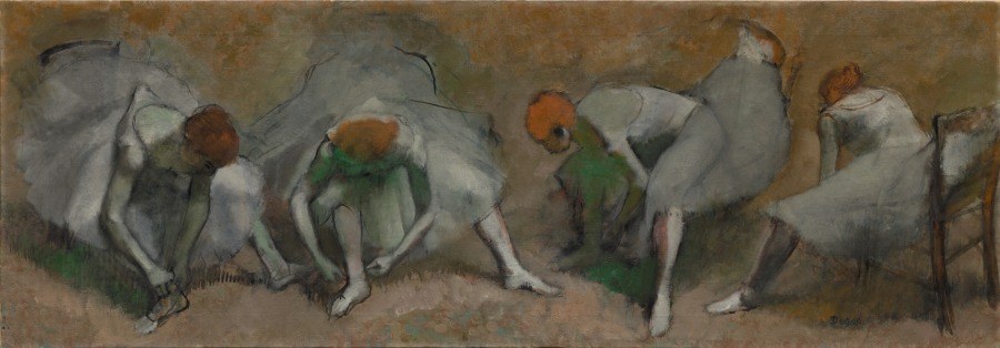 Five pale-skinned female dancers in white shifts bend forward at the hips in an identical posture, arranged left to right against an earthy brown background.