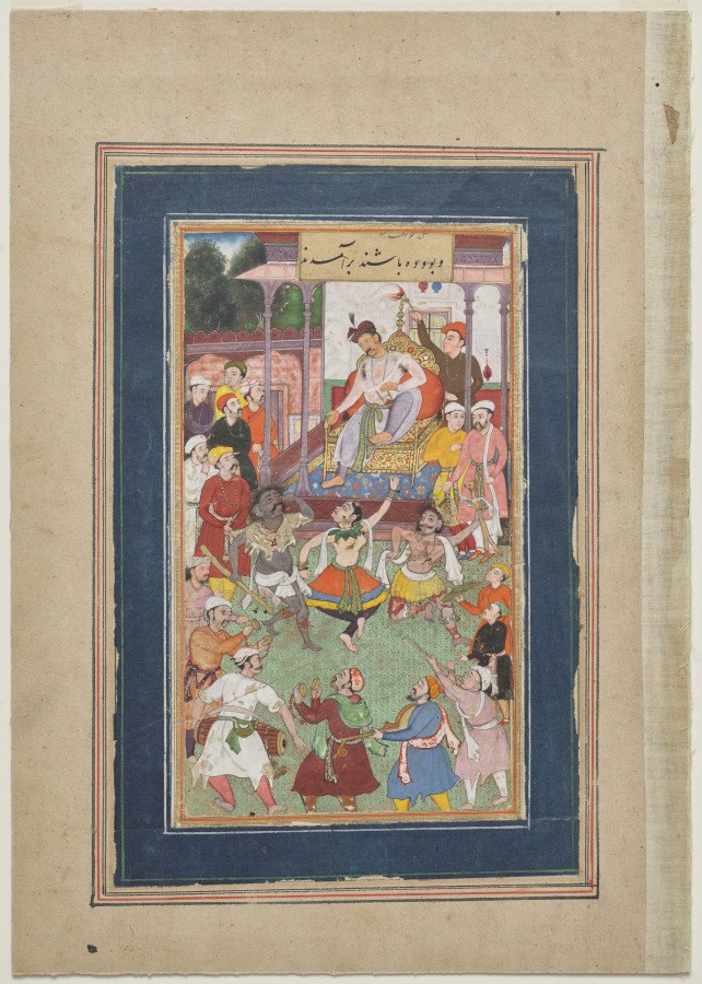 Mughal court miniature showing multiple figures in colorful robes dancing and posturing within a palace courtyard while courtiers watch from a dais.