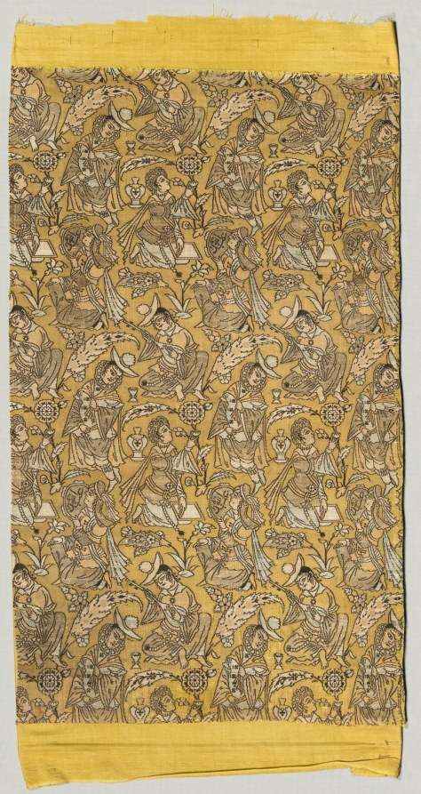Repeating woven pattern of brown figures on golden ground: musicians with instruments and dancers in elaborate dress arranged in geometric compartments.