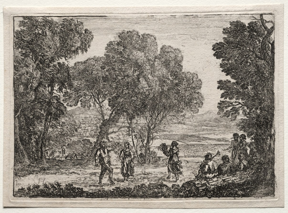 Engraving of a country dance in a woodland clearing, with couples dancing and onlookers standing nearby, framed by tall trees.
