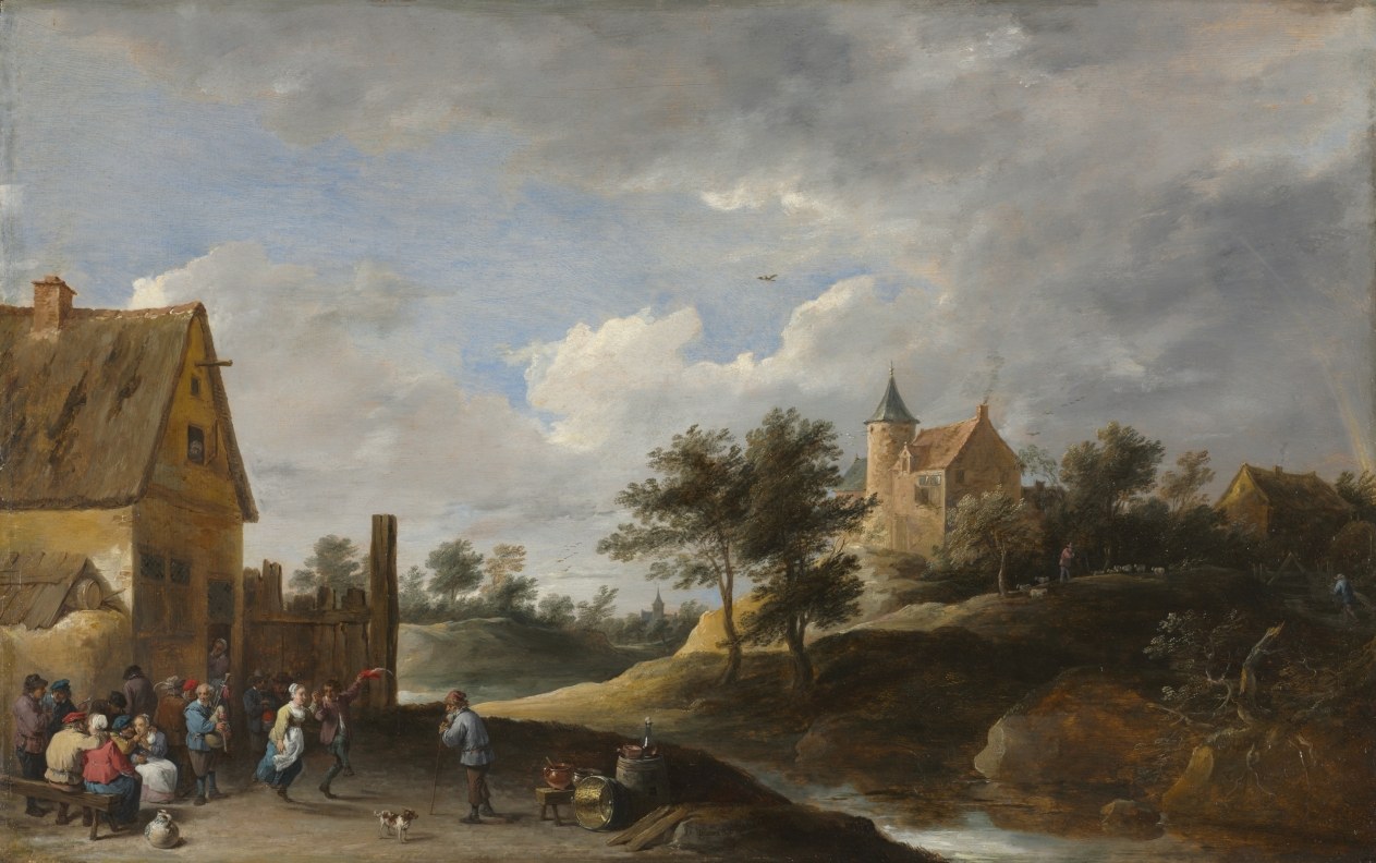 Oil painting of a crowded village festival with people dancing, eating, and socializing among buildings and a distant castle in a landscape.