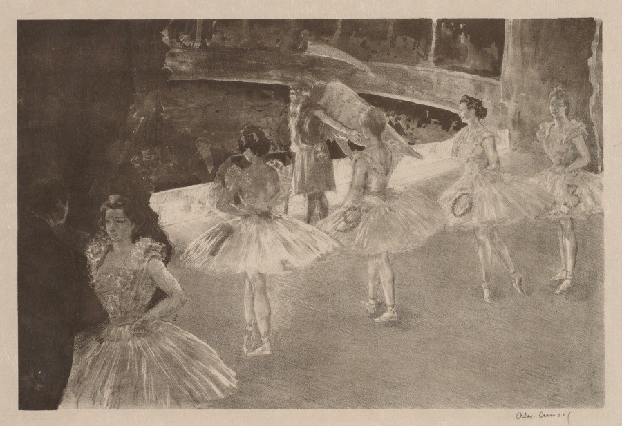 A ballet rehearsal or backstage scene in soft tones: dancers in tutus stand and wait across a stage while a jewelled figure reclines in shadow at left.