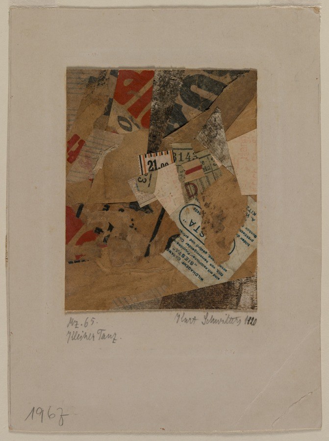 Abstract collage of layered, aged paper fragments with printed text, numerals, and red letterforms arranged on a neutral backing.