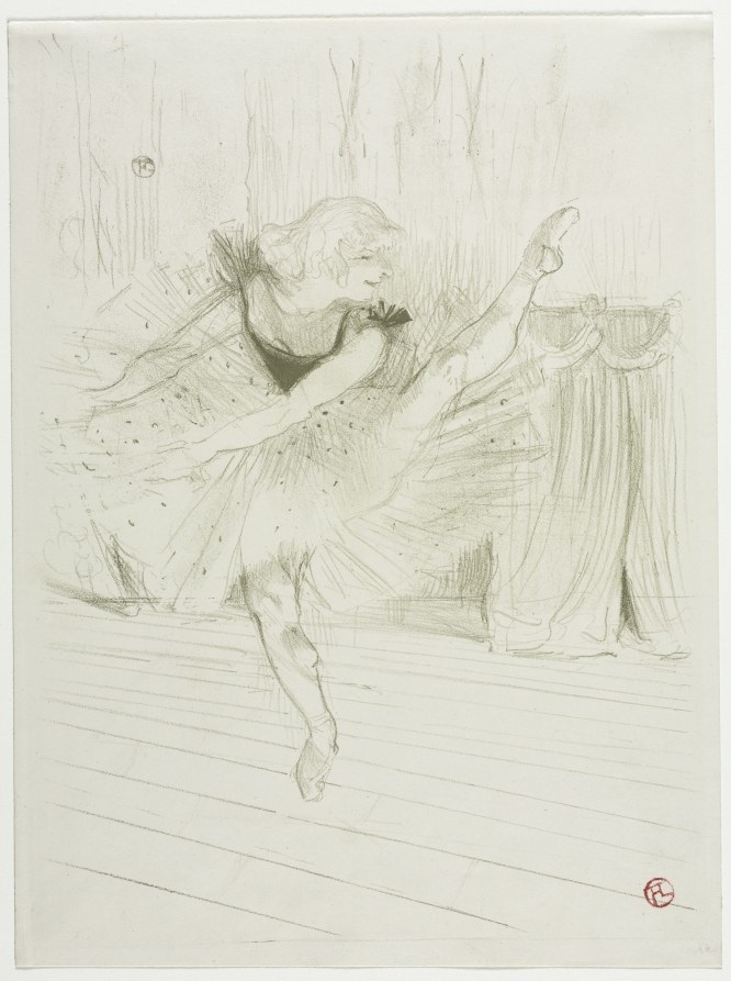 Pencil drawing of a young woman in an early 1900s dress leaping expressively, one leg extended, arms raised, captured mid-motion.