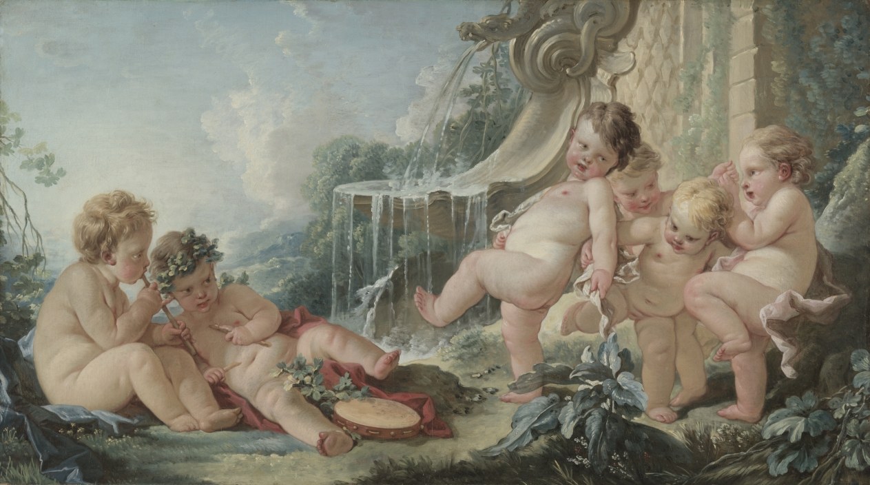 Rococo painting of cherubic putti in a pastoral landscape: seated figures with musical pipes on left, standing figures gesturing dynamically on right.