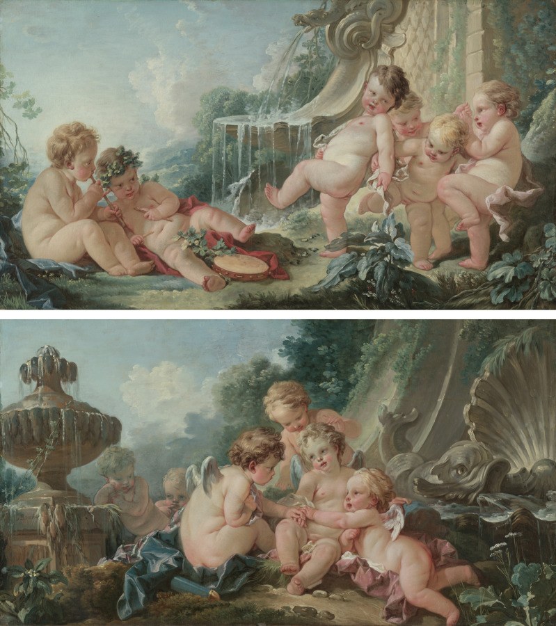 Two Baroque paintings of plump cherubs in Arcadian landscapes with fabric and classical ruins; no actual dance depicted.