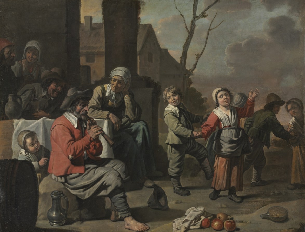 Peasant children dance outdoors in a village square while a man plays a pipe and adults watch from benches nearby.