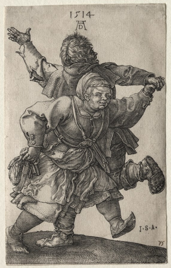 Engraving of a young peasant couple dancing vigorously; the man arches backward with raised arm while the woman leans forward into the movement, dated 1514.