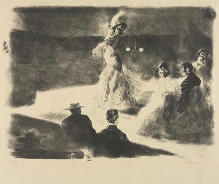 Theatrical print showing a woman arching backward in white costume, watched by spectators in dark dress in a shadowy interior.