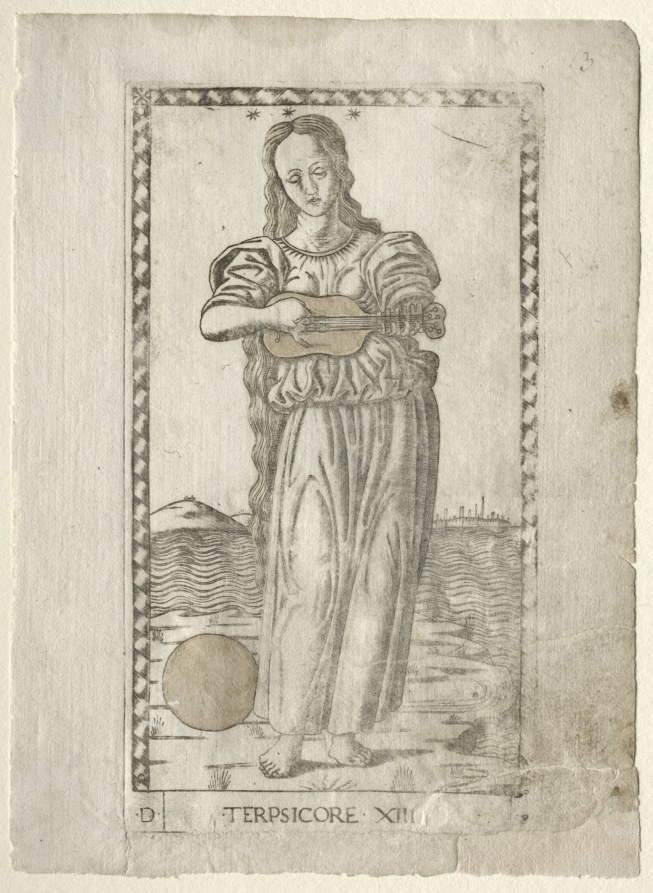 Classical female figure in draped dress holding a lyre, standing barefoot in contrapposto pose, labeled Terpsichore at base