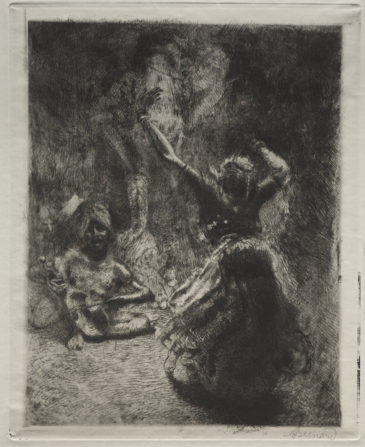 Etching of a woman with tilted head and raised arm leaning close to a man's face, with a dimly rendered third figure below.