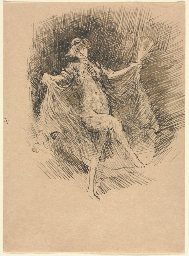 Pen-and-ink sketch of a reclining female dancer in gauzy drapery, her body elongated and head thrown back, rendered with gestural cross-hatching.