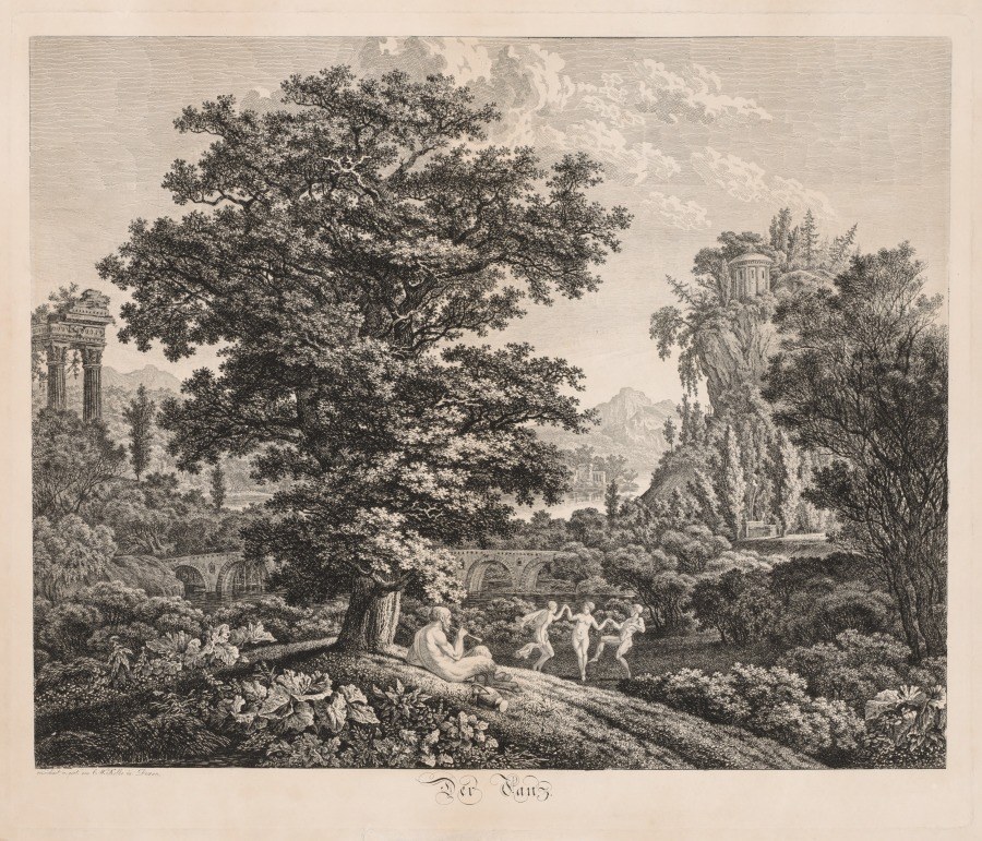 Engraving: figures dance in a distant clearing ringed by cypress trees and classical ruins; reclining figures in foreground observe across a stone bridge.