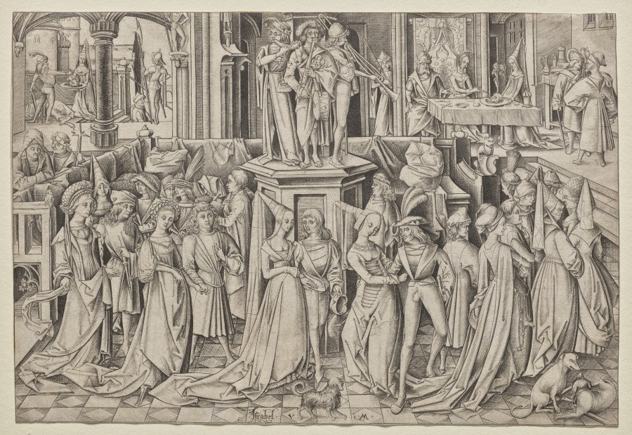 Dense Renaissance engraving of courtiers in elaborate robes arranged around a central pedestal figure, likely depicting the court of King Herod.