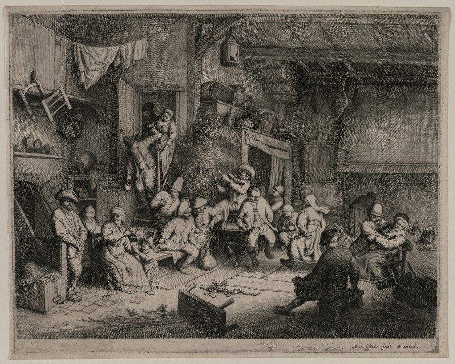 Engraving of crowded inn interior with nude cherubs and clothed figures dancing and celebrating in energetic, uninhibited postures.