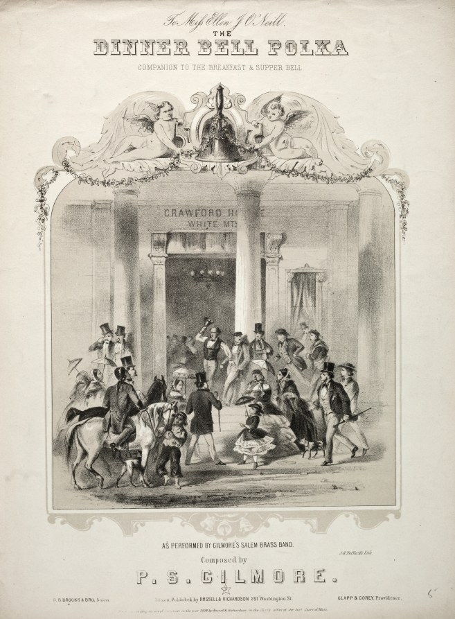 Engraved ballroom scene with formally dressed figures in 19th-century attire, framed ornamentally, from sheet music cover titled The Dinner Bell Polka.