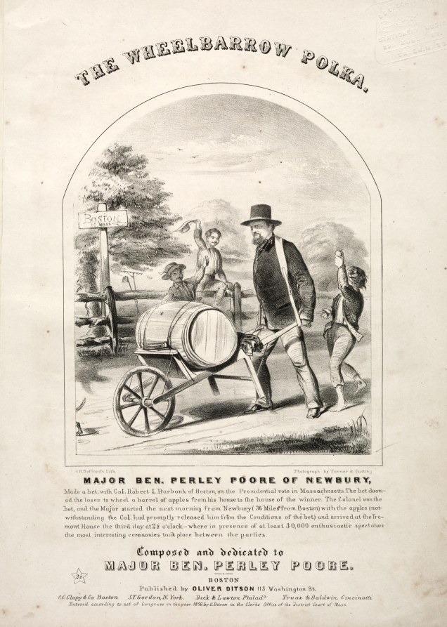 Woman in full skirt dances with raised arm and bent knees outdoors near a barrel-organ mounted on a wheeled frame, watched by a gentleman in top hat.