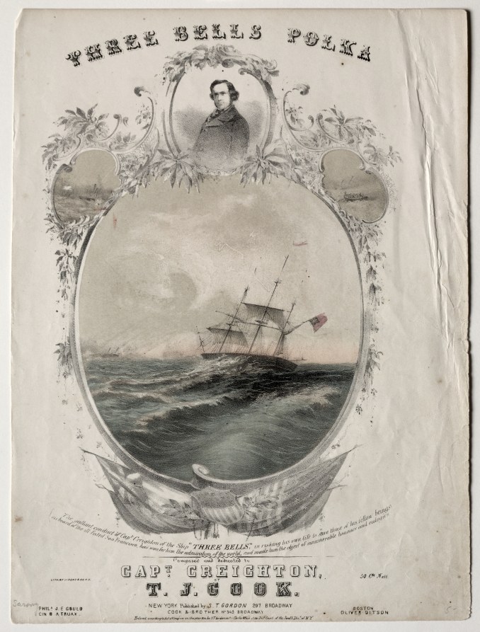 Engraved and hand-colored sheet-music cover showing a sailing ship tilted in rough seas, framed by ornate scrollwork, with a portrait medallion above.