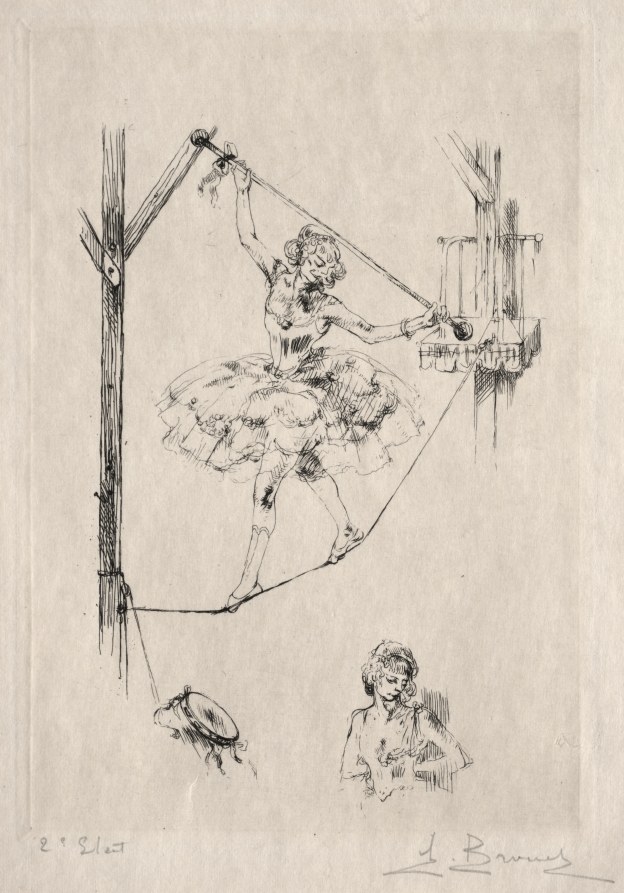 Ink sketch of a woman in a tutu balanced on a tightrope, holding a parasol for balance, flanked by wooden support posts.