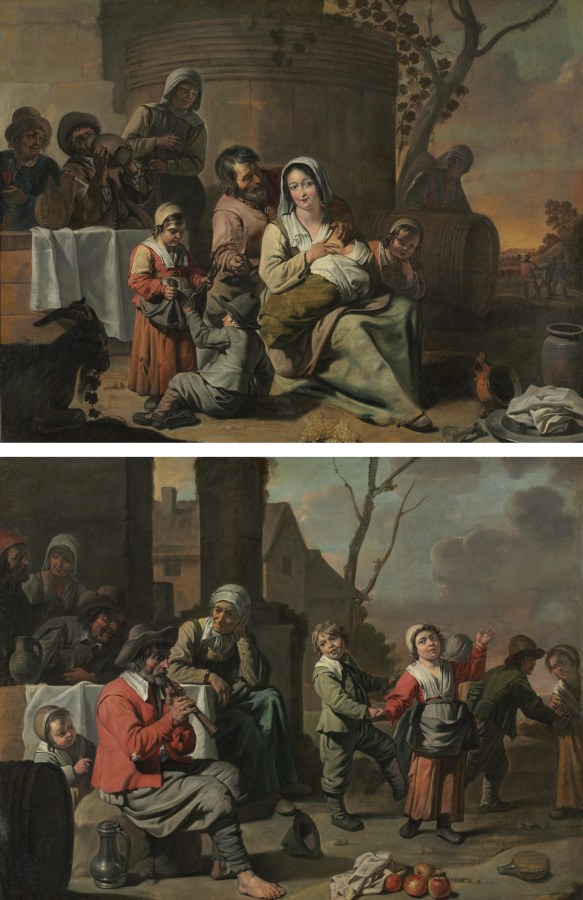 Two paintings of peasant children in rural settings: upper, children grouped around a well; lower, children scattered in a village courtyard with scattered