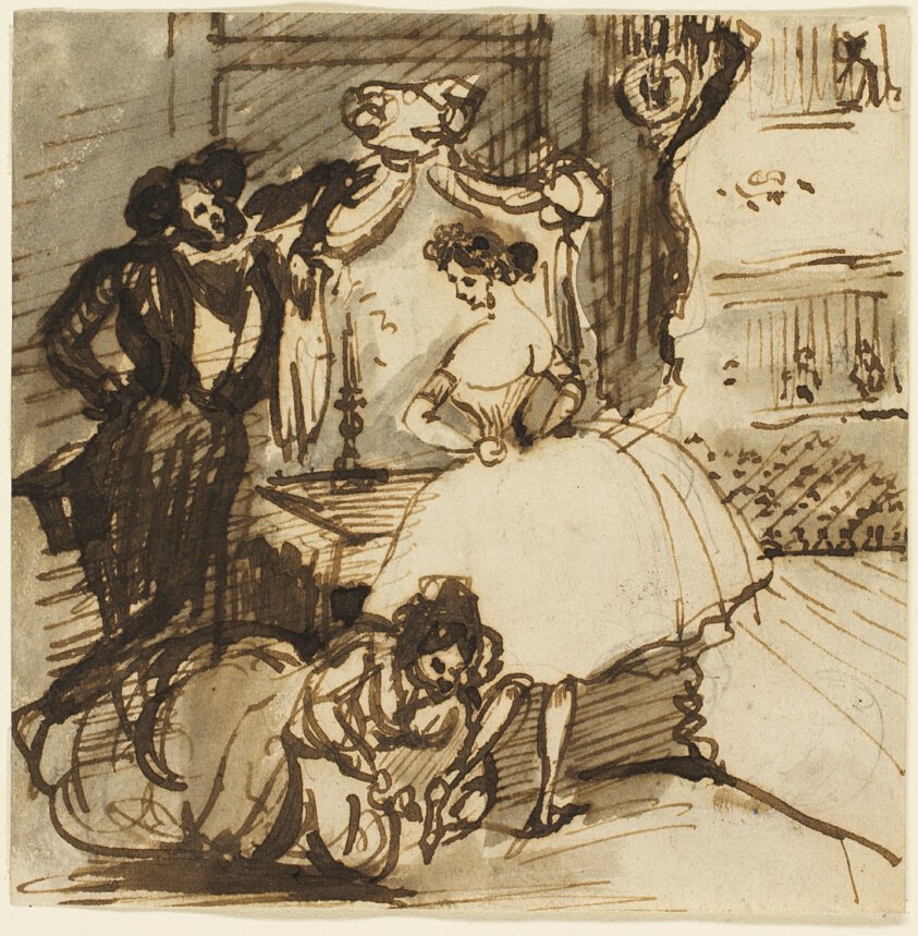 A pale-skinned woman in a ballroom gown sits attended by two men in formal dress, with a small figure nearby; sepia-toned etching.