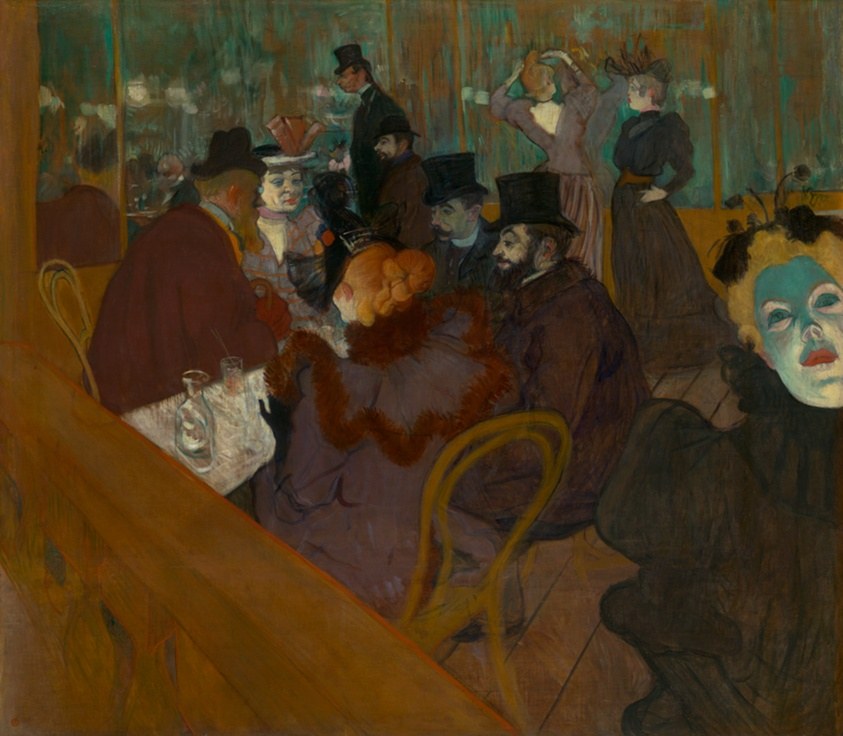 Crowded interior of a late 19th-century Paris cabaret with well-dressed figures in formal evening wear amid warm and cool tones.