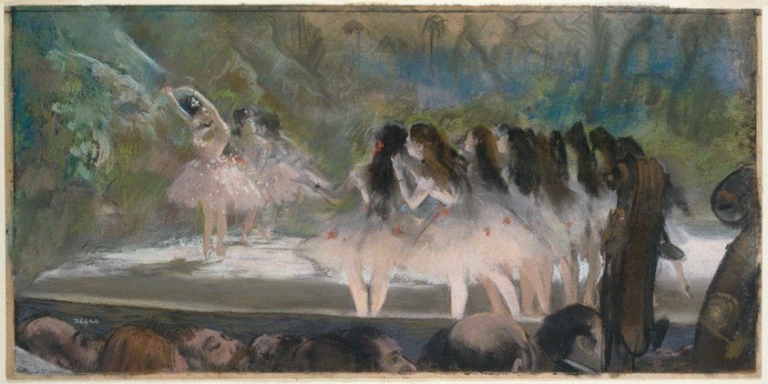 Principal ballerina in pale tutu stands spotlit on stage, surrounded by corps de ballet in formation, moonlit forest backdrop.