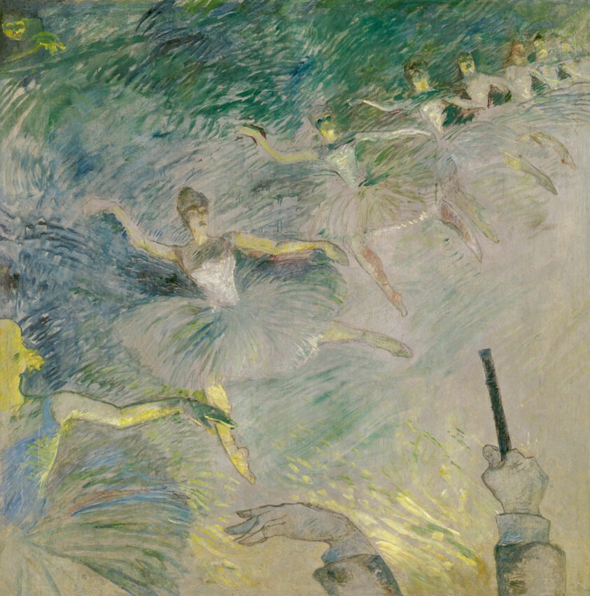 Multiple ballet dancers in white tutus and pointe shoes arranged across a loosely brushed interior space, one figure gesturing with a baton at lower right