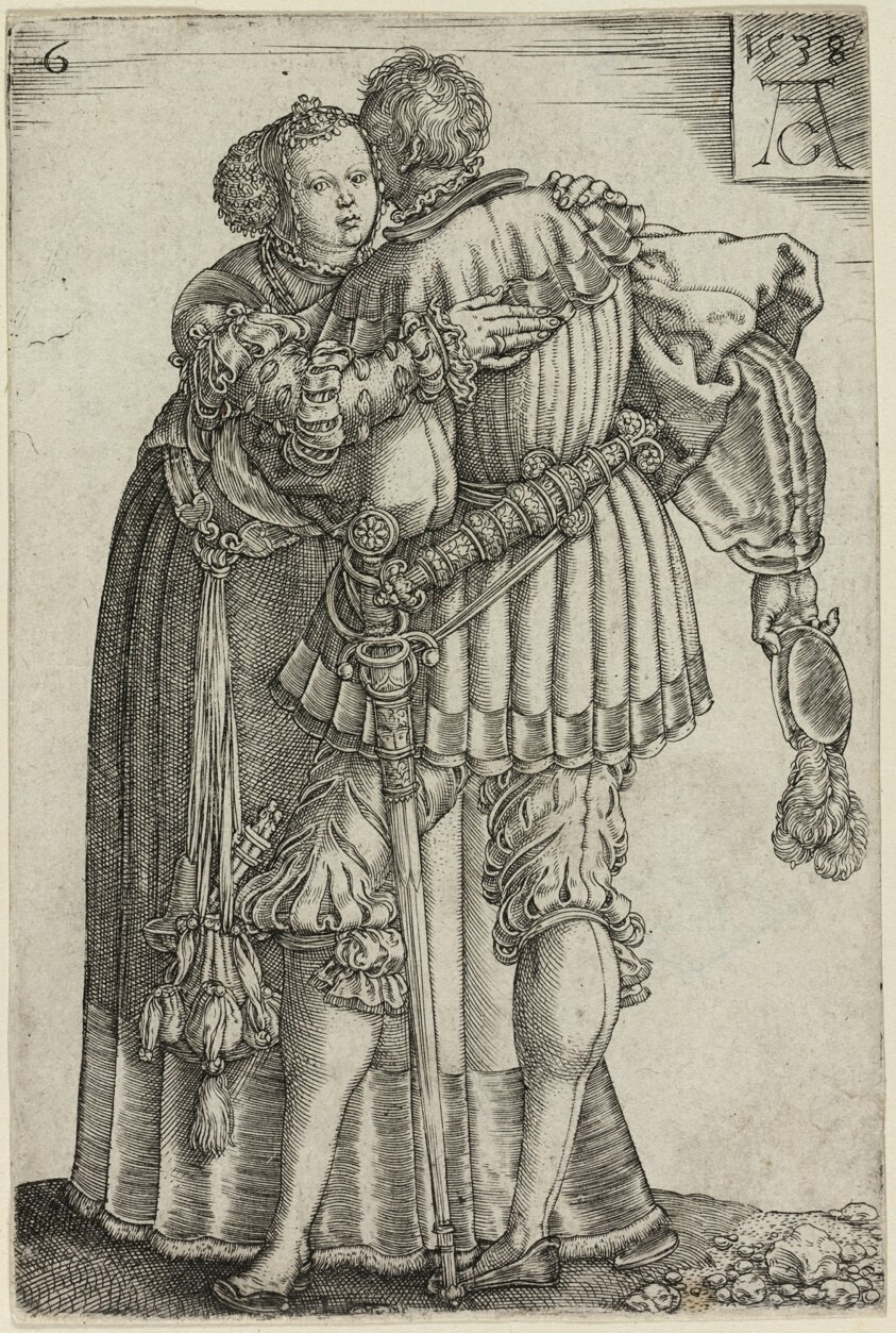 Renaissance engraving of a man and woman in courtly dress facing each other in an intimate embrace.