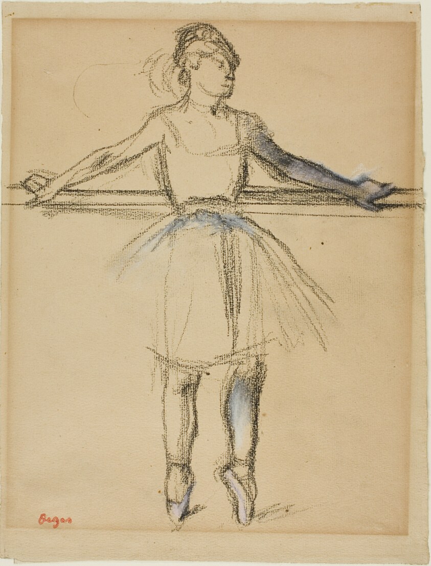 Pen and watercolor drawing of a female ballet dancer in a turned-out standing position at the barre, arms extended, wearing a blue skirt.