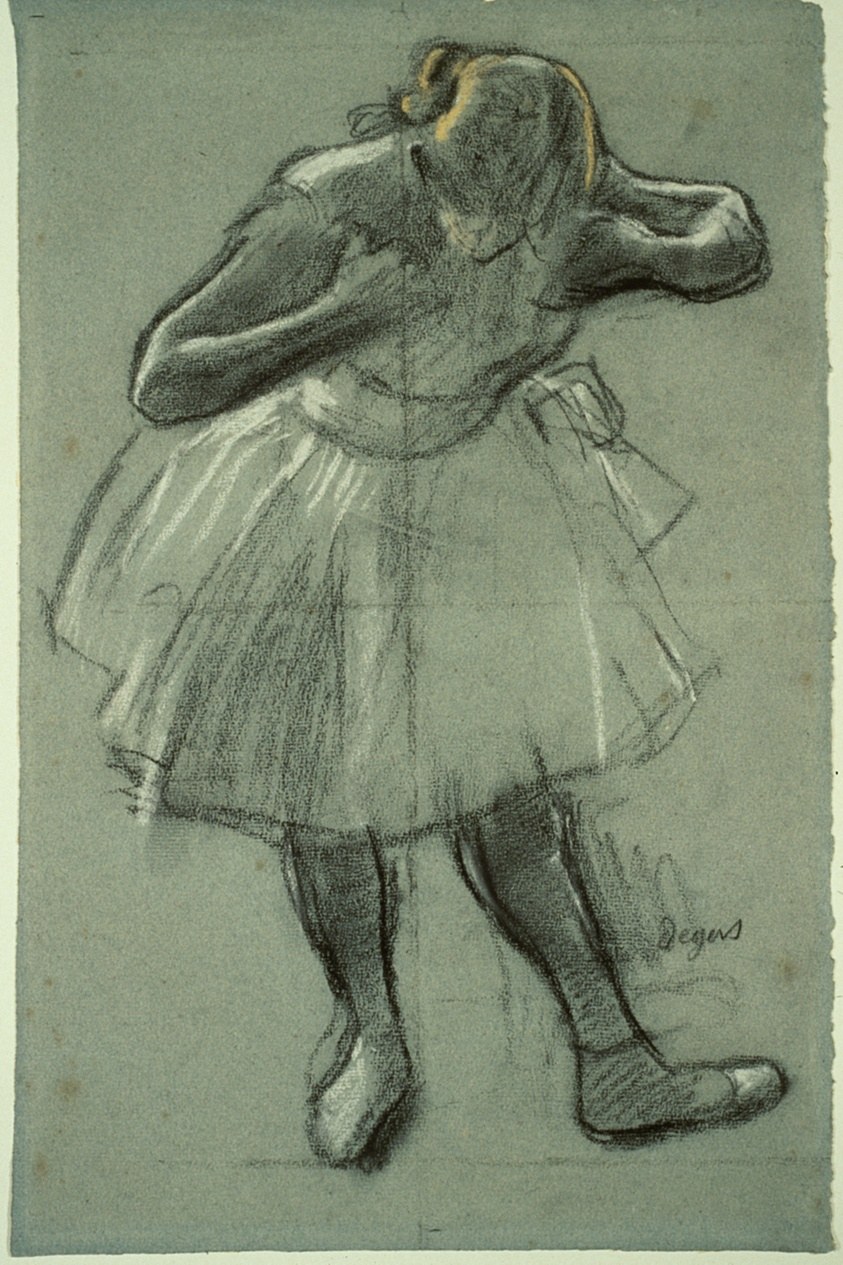 Charcoal drawing of a female ballet dancer in a deep forward bend, arms extended, wearing a pleated skirt.