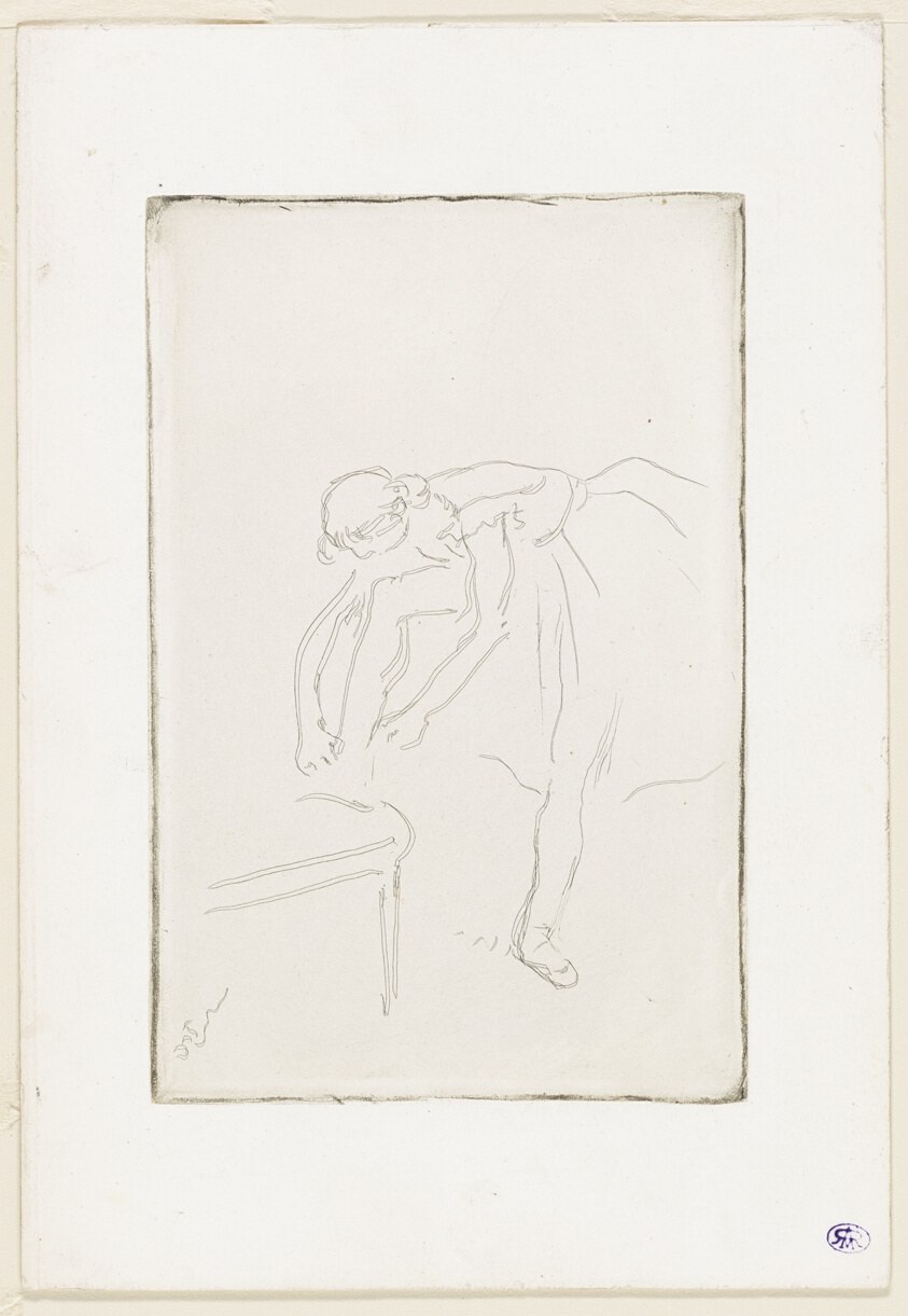 Pen drawing of a female figure bending forward to put on her shoe, shown in delicate line against a blank background.