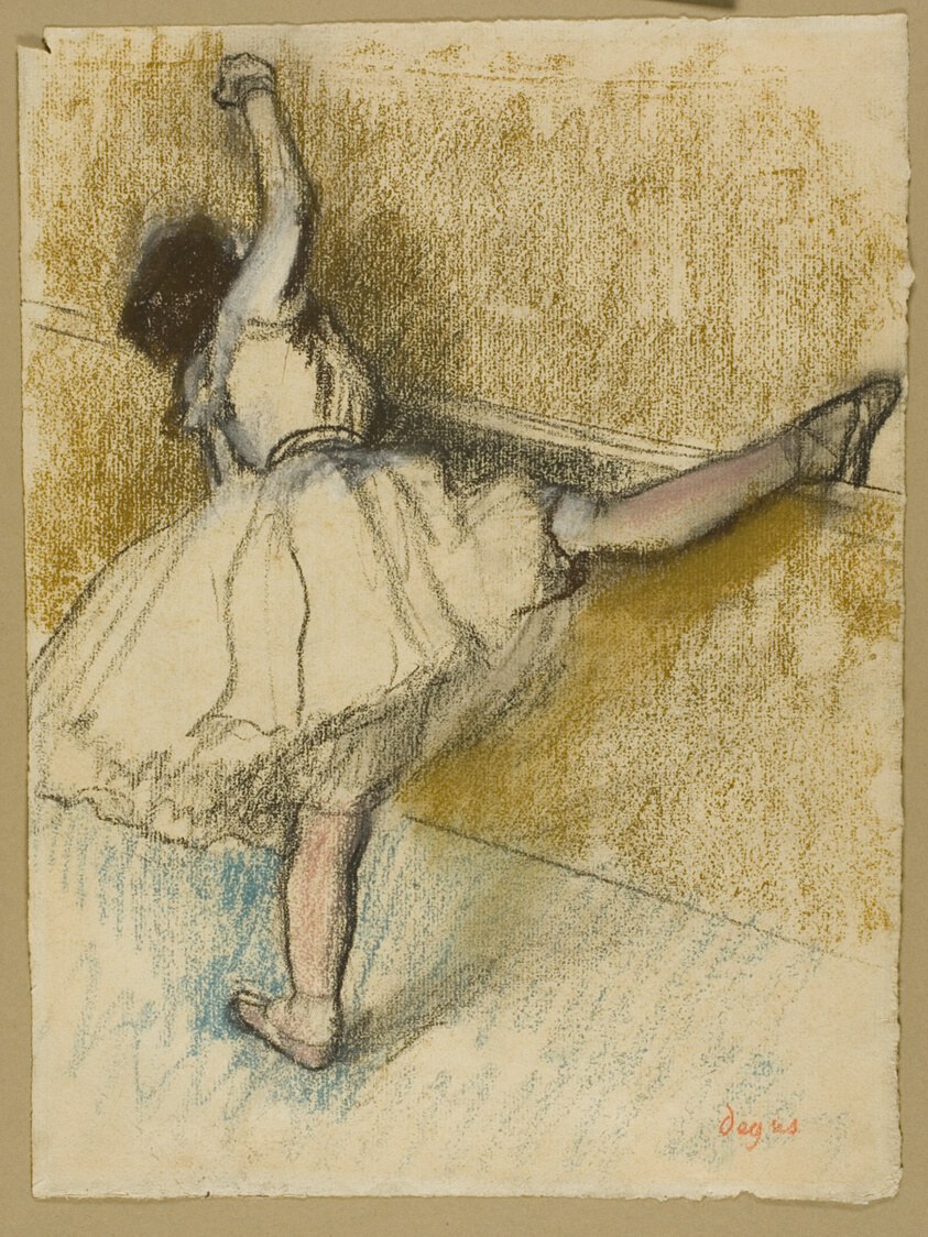 Female ballet dancer in pale tutu stretching at the barre, one leg extended, arm raised overhead, rendered in soft pastels.