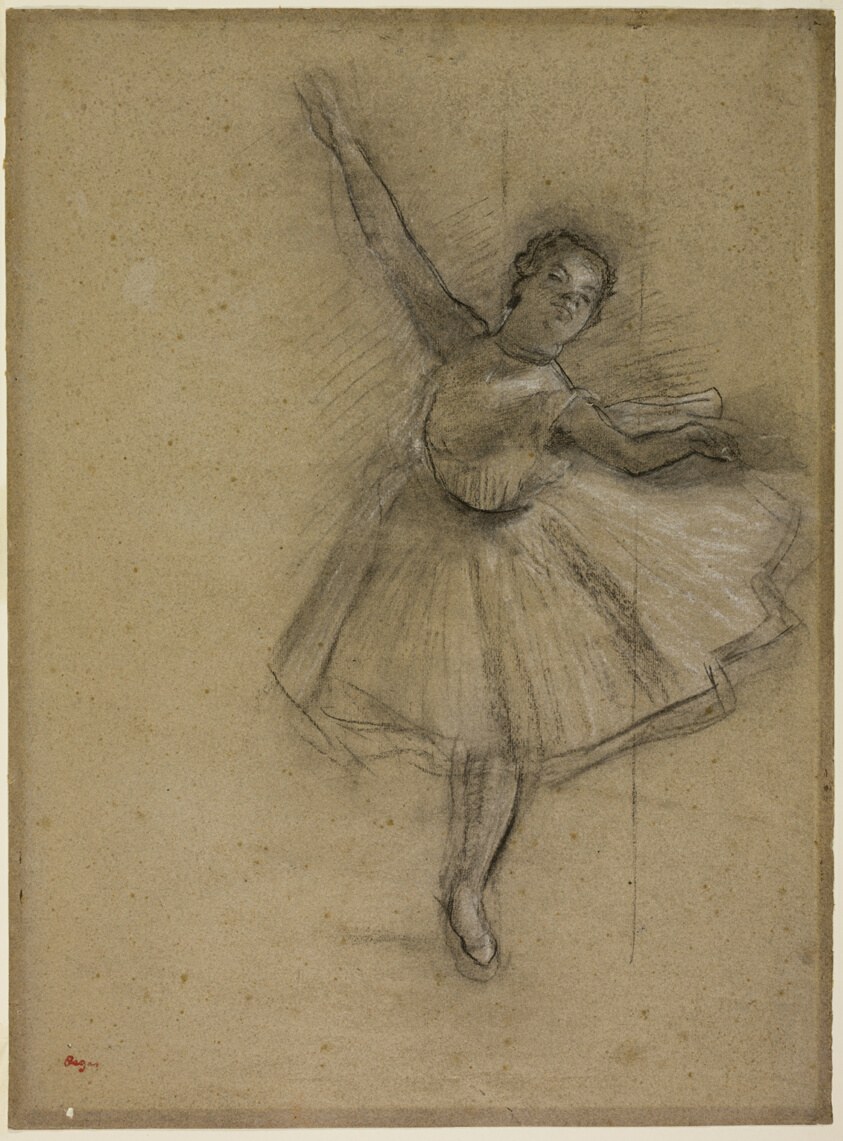 Charcoal drawing of a female ballet dancer mid-turn, wearing a tutu, her arm raised and leg extended.